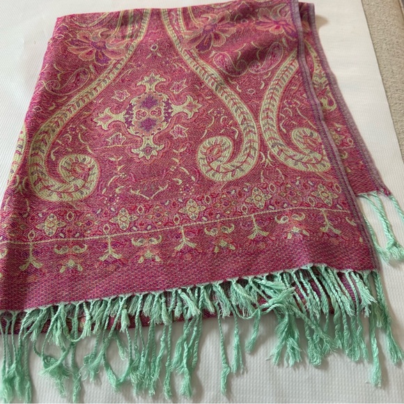 pashmina Accessories - Pashmina Pink and Green Paisley Shawl Wrap Scarf